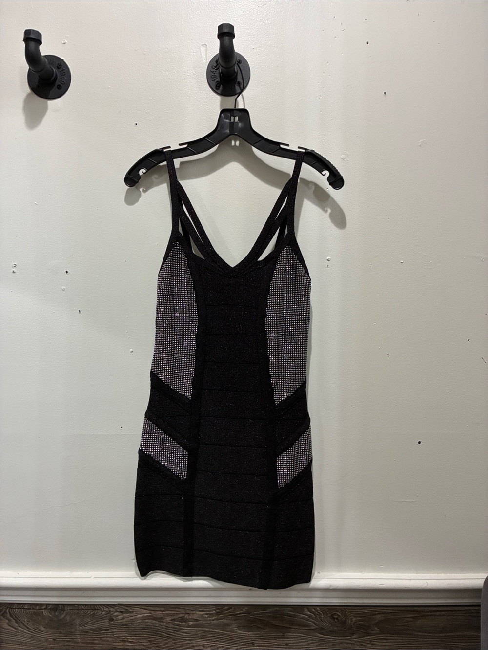 bebe Black Sparkle Mini Dress with Rhinestone Panels